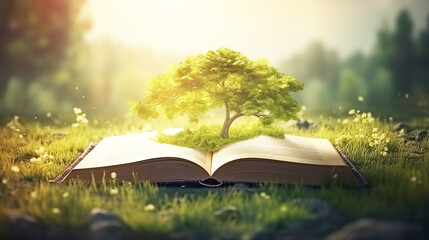concept: image with a green tree growing from a book, open book Learning concept:
education and environment concept: Stack of open books with tree Book or tree of knowledge concept: Generative AI 