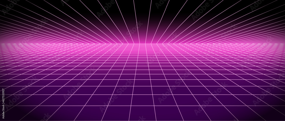 Aufkleber retro futuristic grid background vanishing in distance. bright neon pink glowing tile floor and ceil