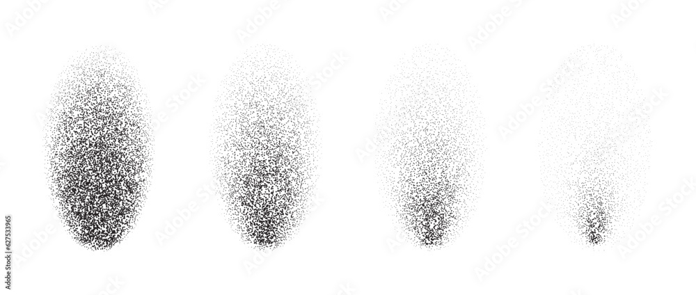 Poster Set of textured gradient shadows. Fading stipple elliptic design elements collection. Black vintage dotted disintegration effect. Halftone noise grain forms pack. Vector illustration bundle 