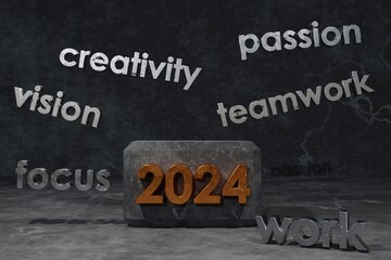 Fototapeta premium new year concept. 3d rendering, text 2024 on concentrate floor. motivation in the future. 