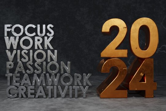 new year concept. 3d rendering, text 2024 on concentrate floor. motivation in the future. 
