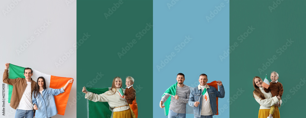 Wall mural Set of people with flags of Ireland on color background