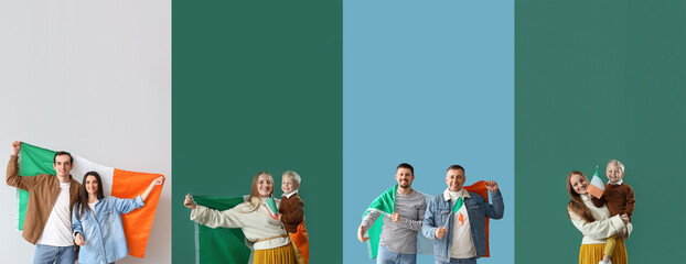 Set of people with flags of Ireland on color background