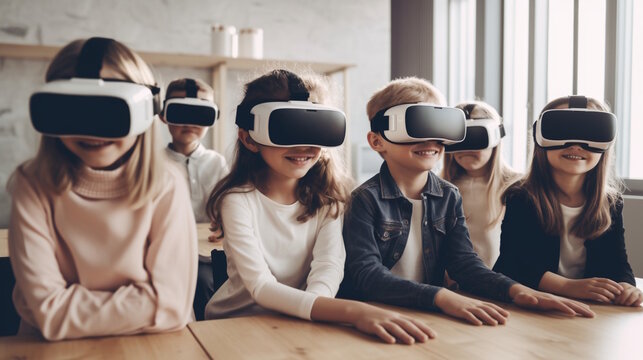 Children with Smiles in VR Helmets, Exploring Exciting Virtual Realities with Joy and Wonder. Generative AI