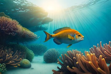 Fototapeta na wymiar coral reef with yellow fish generated by AI tool