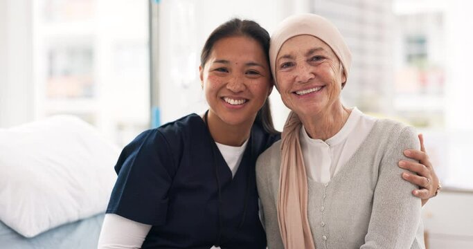 Hospital, nurse and senior woman hug for comfort, empathy and support for cancer patient. Healthcare, clinic and portrait of health worker embrace female person for medical care, service and help