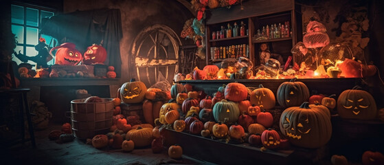 Colorful background of Halloween collection, Halloween celebration, iconic scary pumpkin Created with generative AI tools