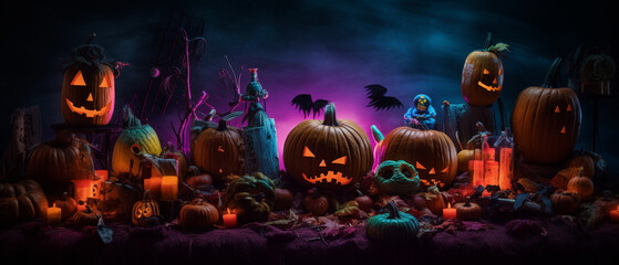 Colorful background of Halloween collection, Halloween celebration, iconic scary pumpkin Created with generative AI tools