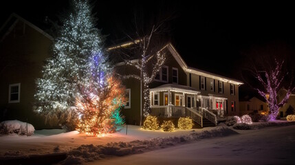 Fototapeta na wymiar Festive Outdoor Holiday Display with Christmas Tree, Festive Lighting, and Seasonal Decorations, Creating a Beautifully Decorated Winter Wonderland. Generative AI