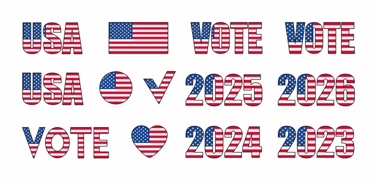 Vote, US Flag, Vector illustration, Stars and stripes, Sticker set, Design elements, Heart, 4th of July, Debate, Election