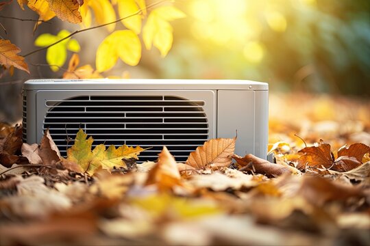 An air conditioning unit at home covered with leaves during the autumn season implies the need for cleaning, maintenance, repair, and HVAC service to ensure clean and efficient air conditioning in the