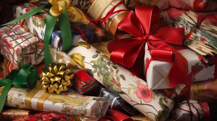 Fototapeta na wymiar Christmas Gifts - A Colorful Background with Multiple Presents Wrapped in Different Wrapping Paper, Ribbons, and Bows, Evoking the Excitement of Christmas Morning. Generative AI