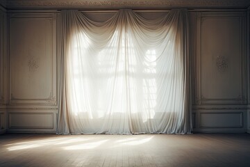 An empty room with a window illuminated from behind and adorned with white curtains.