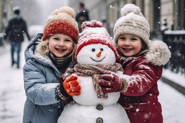 Kids decorating snowman together