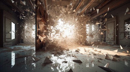 Perception Rivers: Shattered Mirrors, Intense White Lightings in a Brown Gigantic Room. Generative AI
