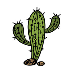 Saguaro cactus vector icon. Green desert plant with stones. Cute prickly succulent isolated on white. Hand drawn illustration with outline. Flat cartoon clipart for posters, print, web, card