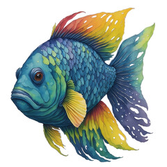 Watercolor Exotic Colorful Fish On A Transparent Or White Background. 