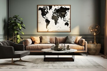 Contemporary Take on vintage-inspired home interior with a fashionable sofa, armchair, coffee table, potted plants, a poster map, a carpet, and personal accessories, creating an elegant living room