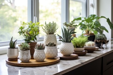 Fototapeta na wymiar At home, there are attractive planters containing plants arranged on a counter.