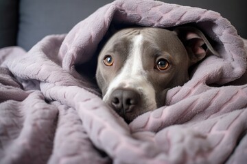 Adorable Staffordshire dog is snuggled up in a cozy throw blanket in the bedroom.