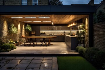 Fototapeta na wymiar At night, observe the striking sight of a stunning kitchen extension from the outside.