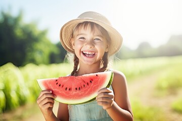 smiling little girl eating watermelon in the field