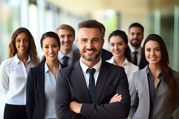 smiling businesspeople over office background