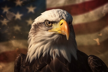 Obraz premium Bald Eagle in front of an american flag - 3D render