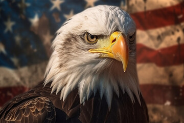 Obraz premium Bald Eagle in front of an american flag - 3D render