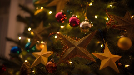 Fototapeta na wymiar Christmas Tree Close-Up with Colorful Ornaments, Twinkling Lights, and a Golden Star on Top. Perfect for Christmas Cards, Festive Decor, and Spreading Holiday Cheer. Generative AI 