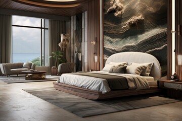 Contemporary and luxurious design for a spacious primary bedroom, featuring an intriguing artwork of a shipwreck displayed on the wall. (The photograph will be provided from my personal collection)