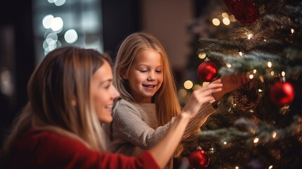 Happy Mom and Daughter Decorating Christmas Tree at Home. Generated ai.