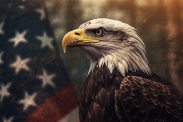 Obraz premium Bald Eagle in front of an american flag - 3D render