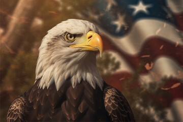 Obraz premium Bald Eagle in front of an american flag - 3D render