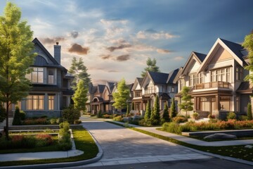 Fototapeta na wymiar An ideal community characterized by beautiful suburban homes set amidst picturesque landscapes during the summer season in North America. These exquisite houses exude luxury and offer a delightful
