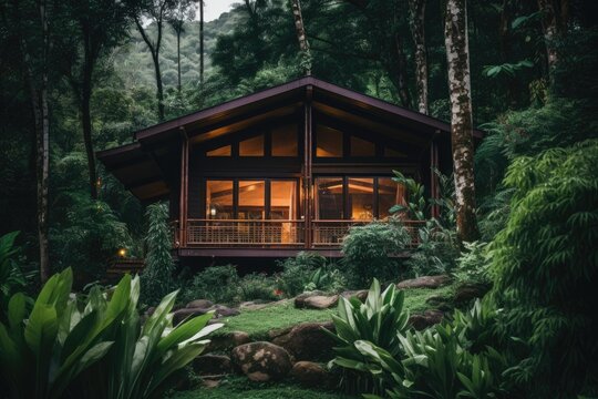 An image capturing a wooden house surrounded by lush greenery. An exploration of the advantages and disadvantages of living in a wooden house as opposed to traditional suburban properties.