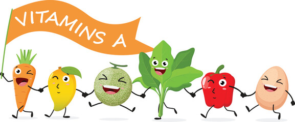 Cartoon Funny vegetables, vitamins A, set of Cute characters, Isolated on white background