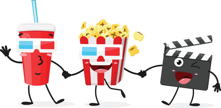 Cartoon Movie clapper with popcorn and drink , set of Cute characters, Isolated on white background