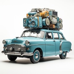 retro car transporting lots of objects on top, generative ai