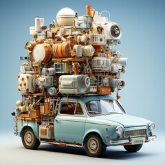 retro car transporting lots of objects on top, generative ai
