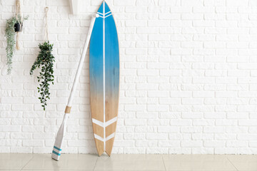 Wooden surfboard with paddle and houseplants on white brick wall in room