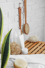 Fototapeta na wymiar Bath accessories with massage brushes and towel on wooden drawer in room, closeup