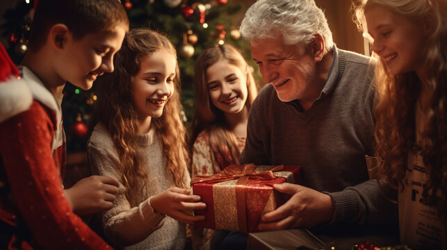 Santa And Family Members Open Gift Boxes With Kids. Generated Ai