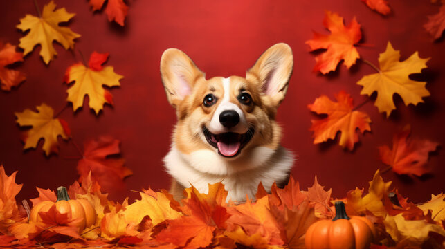 Cute dog with autumn leaves and pumpkins on red background. Thanksgiving day celebration. Generated ai