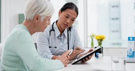 Results, tablet and senior woman with doctor talking about healthcare data, report or communication in elderly care or consultation. Patient, nurse and advice in meeting with medical worker or expert