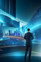 business man stand up in Technology city of the future
