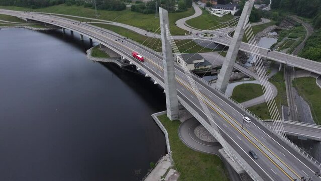 Farris Bridge With Traveling Vehicles In Larvik, Norway - aerial drone shot