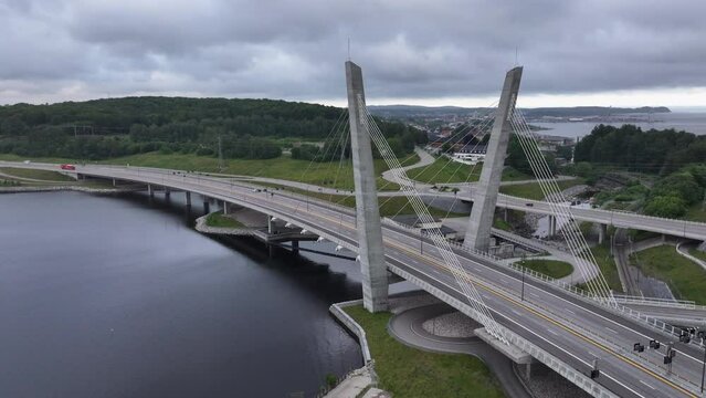 Farrisbrua (Farris Bridge) On The Highway E18 Road In Norway - drone shot