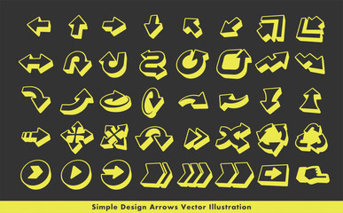 シンプルでクールな立体の矢印・方向指示記号のアローベクターアイコンイメージセット_黄色