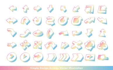 シンプルなグラデーションの立体矢印・方向指示記号のアローベクターアイコンイメージセット_カラフル・キュート・レインボー